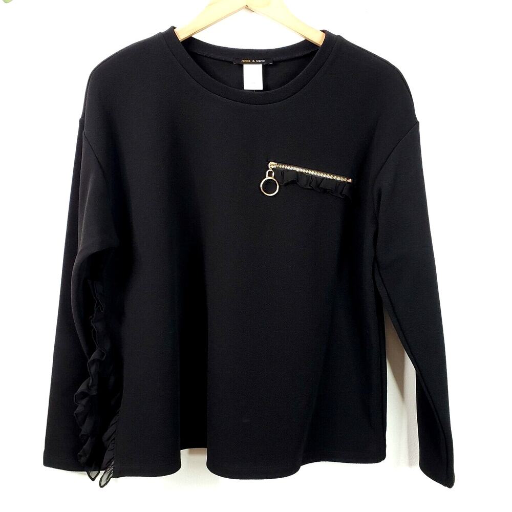 Women Jennie Marlis Black Top Blouse M Zip Ruffle Boxy Career Going Out NEW